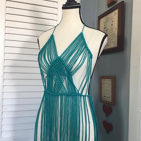 Handmade Teal Fringe Halter Beach Macrame Dress - Picture 4 of 9